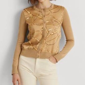Lauren Ralph Lauren Women’s Print Cardigan - Tan Equestrian Print sweater Small